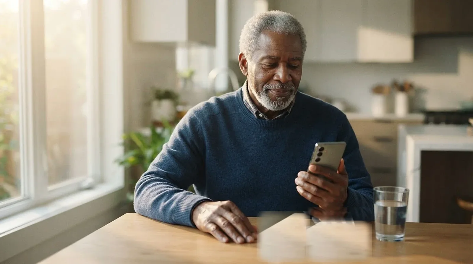 An older man at a table with his phone and a glass of water.