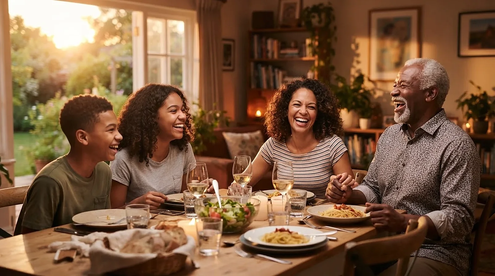 Three generations laughing at a family dinner