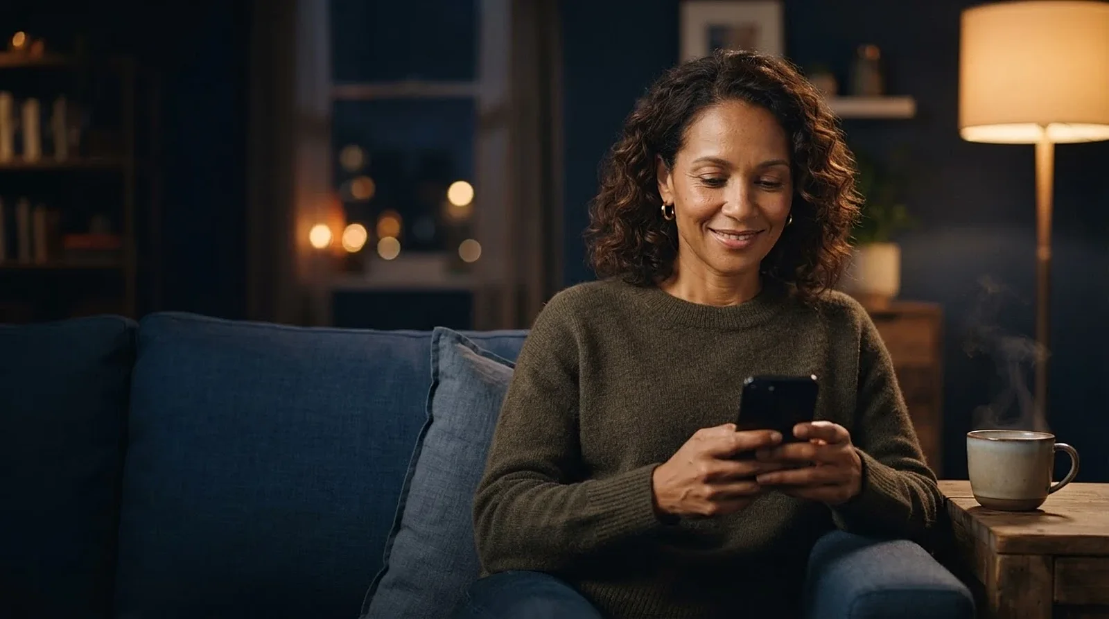 A woman on a couch smiling at her phone in the evening.
