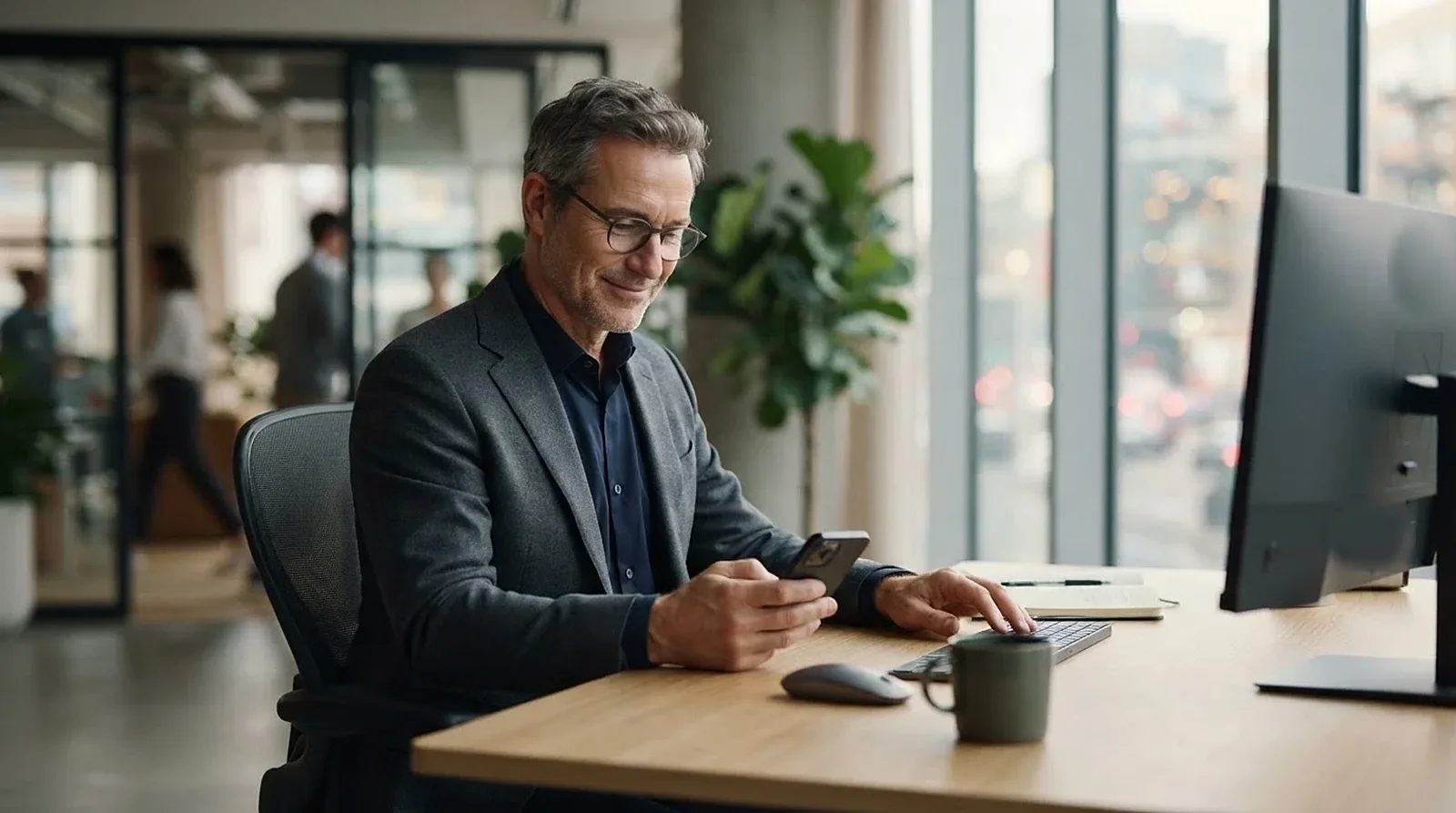 A man at his office desk smiling at his phone.