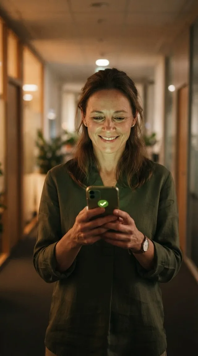 A woman in a hallway smiling at her phone.