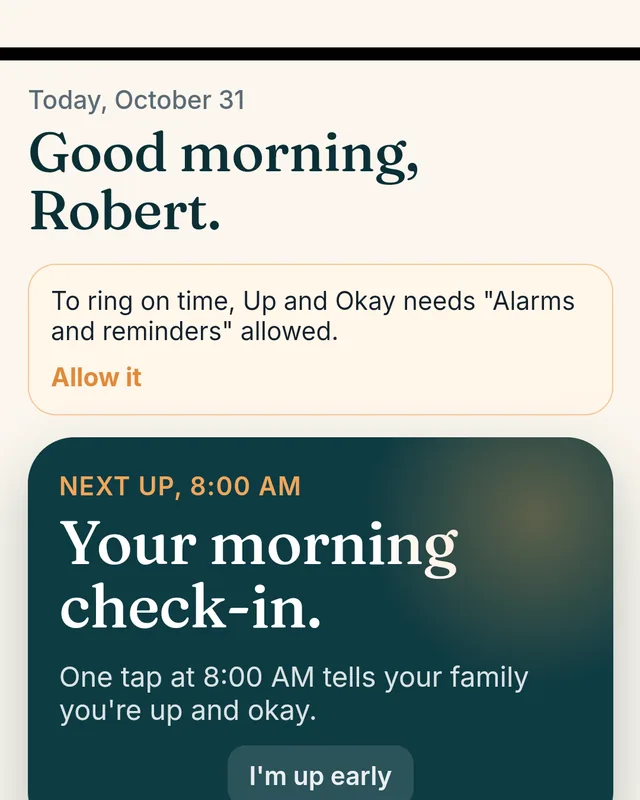 The Up and Okay parent screen: It's time for Morning walk, with a big green Did it button.